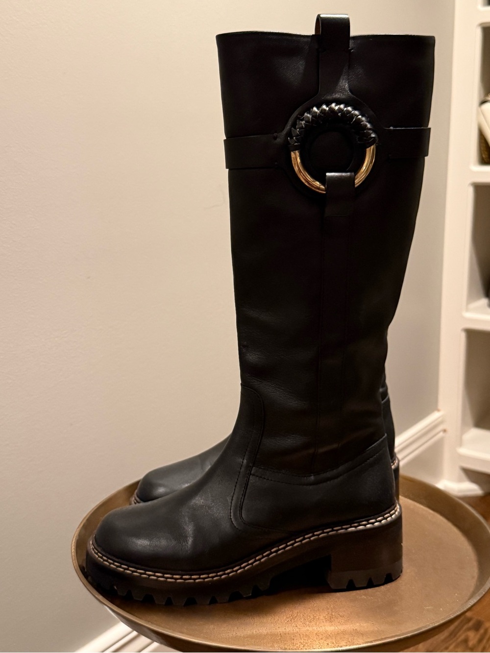See By Chloe Black Leather Knee-High Riding Boots with Braided Ring - Picture 3 of 7